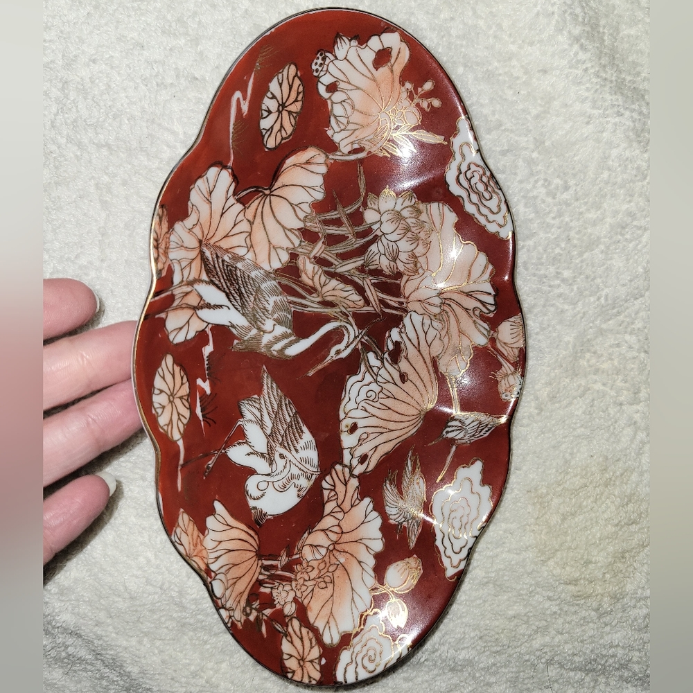 Vintage H.F.P. TOYO Handpainted Oval Dish Made in Macau Floral & Birds